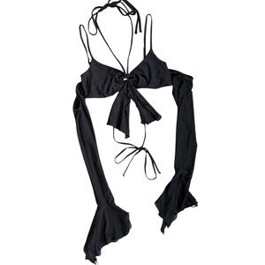 Black Mesh Ruffle Long Sleeve Halter Bra Top